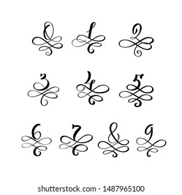 Vector Hand Drawn calligraphic vintage numbers monogram or logo. Hand Lettering numeral from Zero to Nine with swirls and curl. Wedding Floral Design