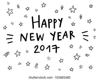 Vector hand drawn calligraphy black and white postcard with inscription Happy New Year 2017 and background texture of stars and other doodles.