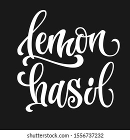Vector hand drawn calligraphy style lettering word - Lemon basil. Isolated script spice text label. White colored design. Labels, stikers, packages design element. 