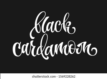Vector hand drawn calligraphy style lettering word - Black cardamom. White colored isolated design. Isolated script spice text label.
