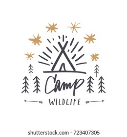 Vector hand drawn camp label. Poster, postcard, print, sticker and other.