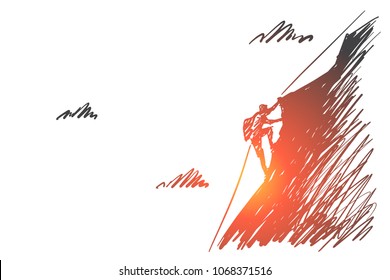 Vector hand drawn I can do it concept sketch. Alpinist climbing up high mountain with special cable rope alone.