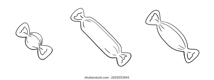 Hand gezeichnete Bonbons mit verdrehten Wrappern, minimaler Lineart-Stil einzeln auf weißem Hintergrund, perfekt für süßen Clipart, Urlaubsdesign-Packs, Süßigkeiten-Illustration und kreative Kollektion