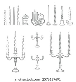 Vector hand drawn candle and candlesticks collecttion on whie background