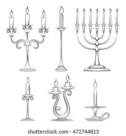 Vector Hand Drawn Candlesticks. Vintage Candelabra, Candlestick And Menorah Sketch