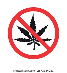 Vector hand drawn cannabis leaf silhouette crossed in red circle isolated on white background