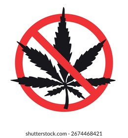 Vector dibujado a mano hoja de cannabis silueta cruzada en círculo rojo aislado sobre fondo blanco
