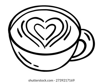Vector hand drawn cappuccino cup with heart latte art on white background. Cute black and white doodle coffee illustration for cafe logo, menu, social media, sticker and cozy branding design.