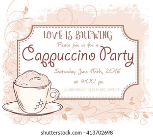 vector hand drawn cappuccino party invitation card, vintage frame, cup and leaves.