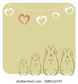 Vector hand drawn card with cartoon funny rabbits and hearts.