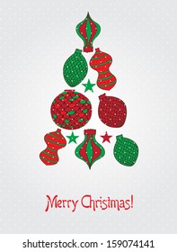Vektorhandgezeichnete Karte mit Weihnachtsbaum aus Kugeln und Spielzeug