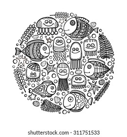 Vector hand drawn card with circle of sea world elements. Fish, jellyfish, stones, starfish, seaweed, bubbles. Black doodle fish on white background. Coloring page for coloring book.