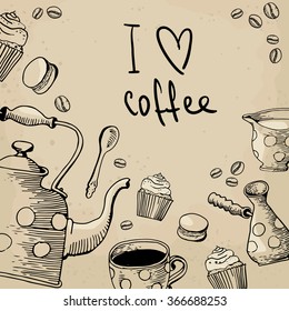 vector hand drawn card with coffee set