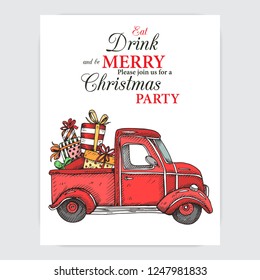 Vector hand drawn Card of happy new year. Ivite for Christmas party with transport of Santa Claus.