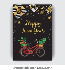 Vector hand drawn Card of happy new year. Ivite for Christmas party with transport of Santa Claus.