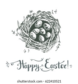 Vector hand drawn card. Happy easter. Cute sketchy nest with quail decorated eggs