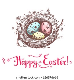 Vector hand drawn card. Happy easter. Cute sketchy nest with quail decorated color eggs. Pastel colors, pink, blue, yellow.