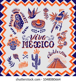 Vector hand drawn card with national symbols and elements of Mexican culture.