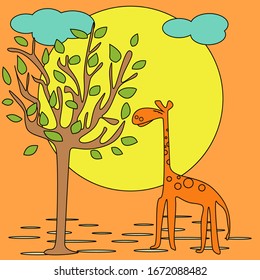 Vektorillustration handgezeichnet, Postkarte mit Giraffe, Illustration für den Druck.
