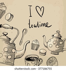 vector hand drawn card: tea, cup of tea, kettle and lemon