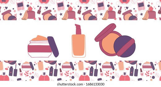 Vector hand drawn card template with makeup set: cream, lipstick, mascara, nail polish, perfume, lotion, lipstick, eye shadows, brush, powder. Doodle cosmetics background for beauty store