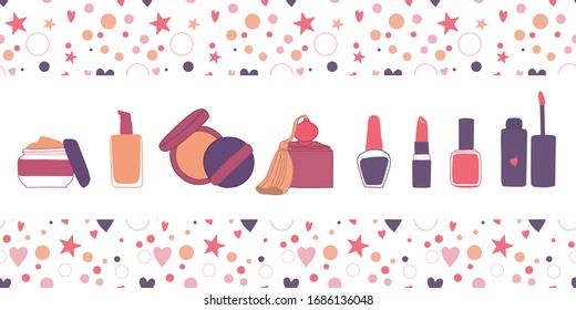 Vector hand drawn card template with makeup set: cream, lipstick, mascara, nail polish, perfume, lotion, lipstick, eye shadows, brush, powder. Doodle cosmetics background for beauty store