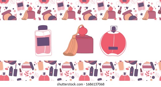 Vector hand drawn card template with makeup set: cream, lipstick, mascara, nail polish, perfume, lotion, lipstick, eye shadows, brush, powder. Doodle cosmetics background for beauty store