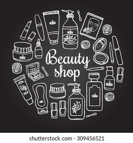 Vector hand drawn card template with make up objects â?? shampoo, cream, lipstick, mascara nail-polish, perfume, lotion, eyeshadow. Doodle cosmetics background for beauty shop on chalkboard.