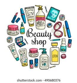 Vector hand drawn card template with make up objects - shampoo, cream, lipstick, mascara nail-polish, perfume, lotion, eyeshadow. Sketchy cosmetics background for beauty store