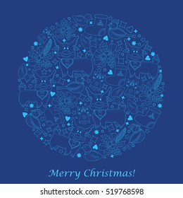 Vector hand drawn card template for New Year celebration design. Cute objects, animals and birds made of childish style
