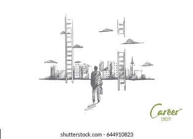 Vector hand drawn Career concept sketch. Businessman rear view standing and looking at skyscrappers of big city and ladder to sky