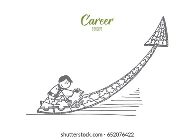 Vector hand drawn Career concept sketch. Man forming arrow up form puzzle pieces