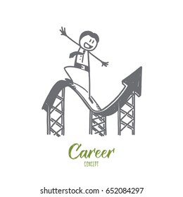Vector hand drawn Career concept sketch. Businessman smiling and balancing on curly index meaning development