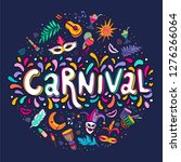 Vector Hand drawn Carnaval Lettering. Party, masquerade banner. poster, card, invitation. Happy Carnival Festive Concept. Carnival Title With Colorful Party Elements, confetti and brasil samba dancer