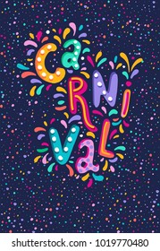 Vector Hand drawn Carnaval Lettering logotype, badge, icon. Party, masquerade poster card, invitation. Celebration decorate. Banner on dack background. Feast vector lettering typography. 