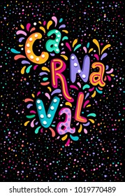 Vector Hand drawn Carnaval Lettering logotype, badge, icon. Party, masquerade poster card, invitation. Celebration decorate. Banner on dack background. Feast vector lettering typography. 