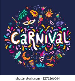 Vector Hand drawn Carnaval Lettering. Party, masquerade banner. poster, card, invitation. Happy Carnival Festive Concept. Carnival Title With Colorful Party Elements, confetti and brasil samba dancer