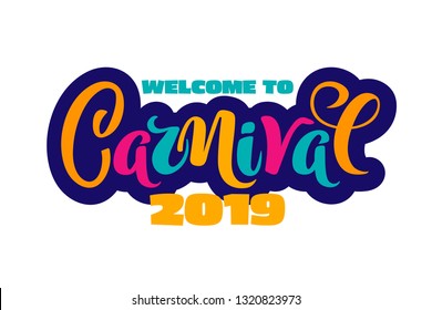 Vector hand drawn carnival text for carnaval party invitation, Brazil or Venetian event, Mardi Gras concept, festival or masquerade logo. Festive mood concept with carnaval mask, firework, confetti