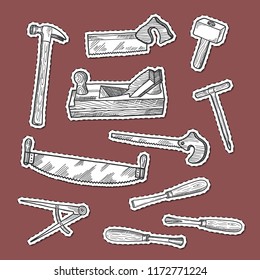 Vector hand drawn carpentry elements stickers set isolated on background illustration