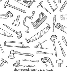 Vector hand drawn carpentry elements pattern or background black white style illustration