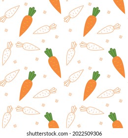 Vector hand drawn carrots seamless pattern. Cute funny carrots, colored and depicted by a line on a white background. Vector Pattern for a nursery, clothes or postcards