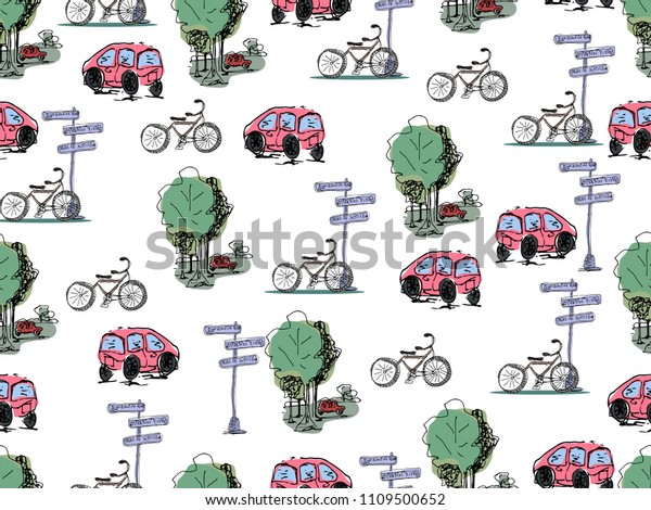 Vector\
hand drawn cars and bicycles. Seamless\
pattern.