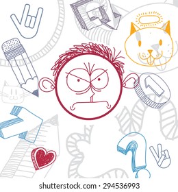 Vector hand drawn cartoon angry boy. Education theme graphic design elements isolated. Social conversation idea drawing.
