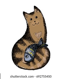 vector hand drawn cartoon cat with fish