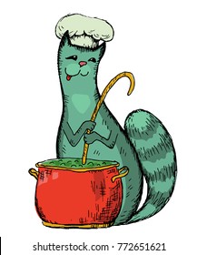 Vector hand drawn cartoon cat cooking