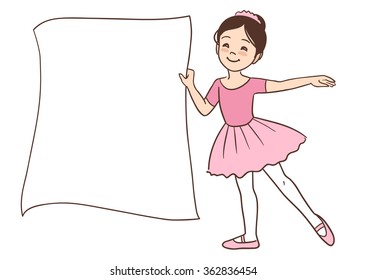Vector hand drawn cartoon character illustration of a cute little smiling Asian ballerina girl dressed in pink leotards and tutu standing and holding a blank sign template isolated on white background