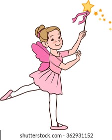 Vector hand drawn cartoon character illustration of a smiling cute little Caucasian ballerina girl dancing in a fairy costume with wings and magic wand, in a  ballet stance, isolated on white. 
