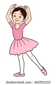 Vector hand drawn cartoon character illustration of a smiling cute little Asian ballerina girl dancing with arms raised and toe pointed, in pink leotard, tutu and ballet slippers, isolated on white.