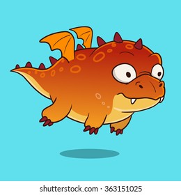 Vector hand drawn cartoon character illustration of a funny fat friendly orange flying silly dragon with small wings, short dangling stumpy legs, small fangs, spikes and big round bulging eyes 