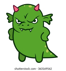 Vector hand drawn cartoon character illustration of a funny fat grumpy green dragon monster with pink horns, looking forward with an angry displeased scowl, standing with arms on hips, front view